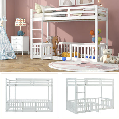 Etagenbett mit rechtwinkliger Treppe, Bett mit Zäune und Türchen, Kinderbett mit Fallschutz und Gitter, Massivholz, weiß (200x90cm)