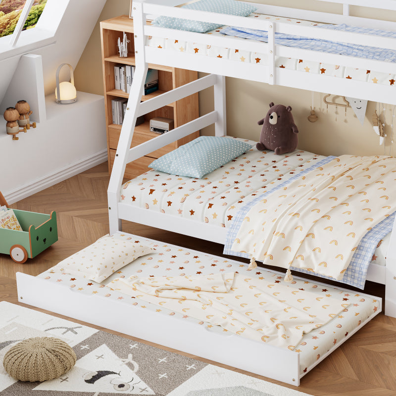 Etagenbett mit Rollbett, Kinderbett mit Leiterschrank und Handlauf, mit Fallschutzgitter an allen Seiten, Kiefer+MDF, Weiß, 90x190CM Rollbett, 90/120x200CM