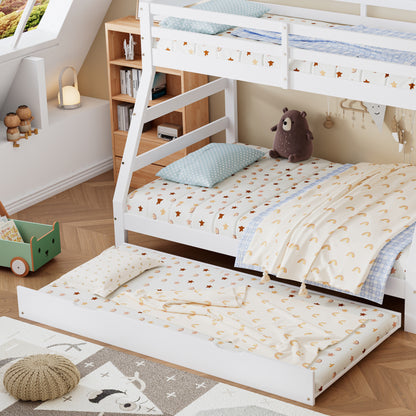Etagenbett mit Rollbett, Kinderbett mit Leiterschrank und Handlauf, mit Fallschutzgitter an allen Seiten, Kiefer+MDF, Weiß, 90x190CM Rollbett, 90/120x200CM