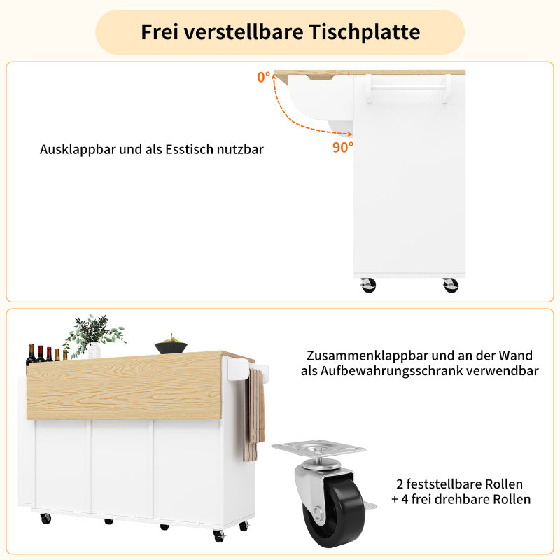Küchenschrank, Servierwagen mit Holzmaserung, Küchenwagen mit rollen und arbeitsplatte, Küchenwagen mit Gewürzregal und Handtuchhalter, Kücheninsel mit Schiebetüren und Schubladen, weiß