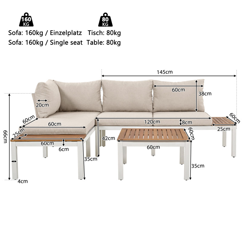 Garten-Loungesessel-Set, Gestell aus verzinktem Stahl, (2x Zweisitzer, 2x Beistelltische, 1x Tisch), Akazienholzplatte, Stoffbezug zur Bespannung der Rückenlehne, beige(previous sku:HW00005AAW)