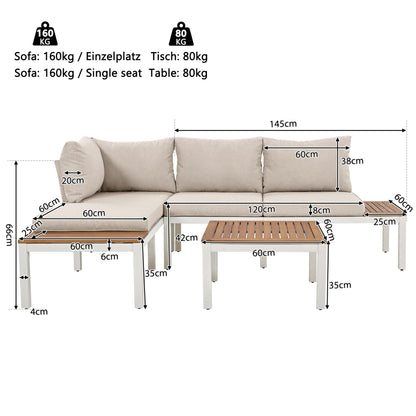 Garten-Loungesessel-Set, Gestell aus verzinktem Stahl, (2x Zweisitzer, 2x Beistelltische, 1x Tisch), Akazienholzplatte, Stoffbezug zur Bespannung der Rückenlehne, beige(previous sku:HW00005AAW)