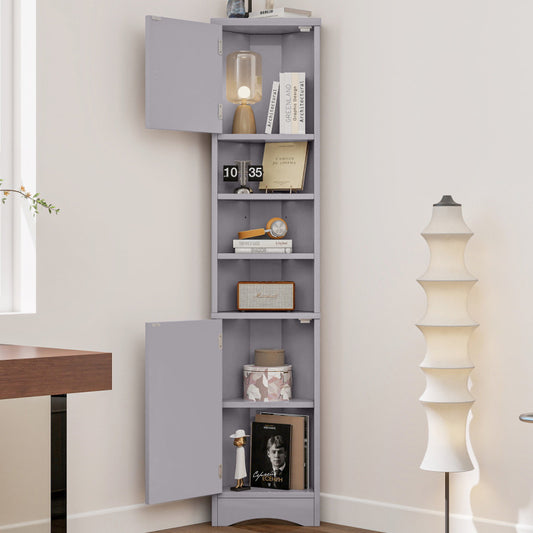 36.5 x 24.5 x 170cmDreieckiger Badezimmerschrank, feuchtigkeitsbeständiger Lack, drei offene Ablagefächer, Doppeltüren, verstellbare Einlegeböden, platzsparend, Grau