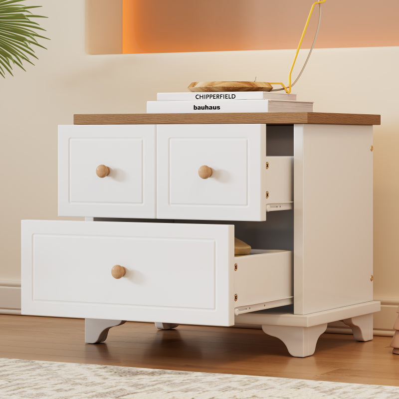 Nachttisch mit 2 Schubladen, geräuschlosen Gleitern, Schön gearbeitete Füße, Stauraum im Wohnzimmer und Schlafzimmer, MDF+Spanplatte, Weiß+Natur