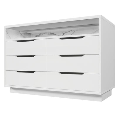 Sideboard, Kommode mit LED-Beleuchtung und 6 Schubladen, Staufach mit Marmorkorn, Moderner Schrank für Wohnzimmer und Schlafzimmer, 120x40x85cm, Weiß