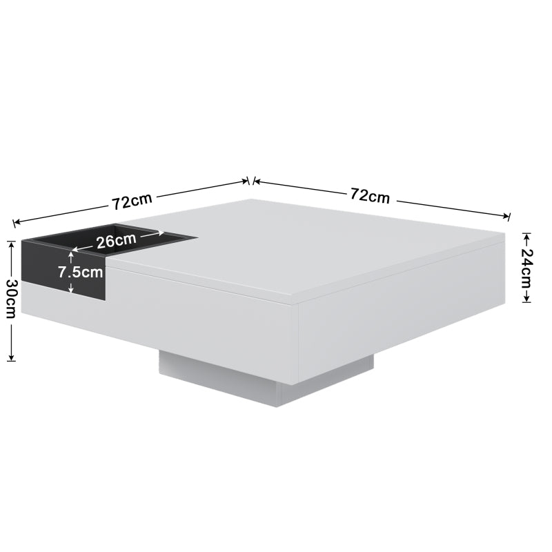Couchtisch, Hochglanz-Wohnzimmertisch, Beistelltisch mit abnehmbarer Aufbewahrungsbox, Farbblockweiß und Schwarz, 72*72*30 cm, Mit LED-Lichteffekt