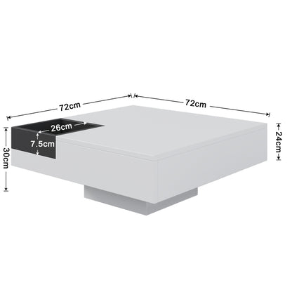 Couchtisch, Hochglanz-Wohnzimmertisch, Beistelltisch mit abnehmbarer Aufbewahrungsbox, Farbblockweiß und Schwarz, 72*72*30 cm, Mit LED-Lichteffekt