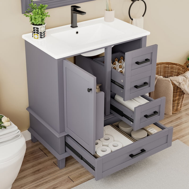 Bodenstehender Badezimmerschrank mit Waschbecken, Waschtisch, komplett lackiert, Türregal, drei geräuschlose Schubladen, integriertes Keramikwaschbecken, Grau
