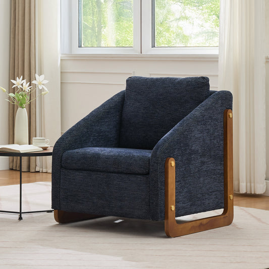 Sessel, Akzentstuhl für Wohnzimmer, Loungesessel, moderner Stuhl mit Armlehne aus Holz, mit Rückenkissen, blauer