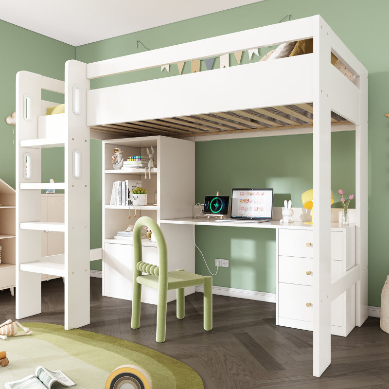 Kinderbett Hochbett mit USB-C Schreibtisch, Kleiderschrank und Aktenschrank, Jugendbett  Einzelbett mit Treppe und Lattenrost, Stauraum,90×200, Ohne Matratze