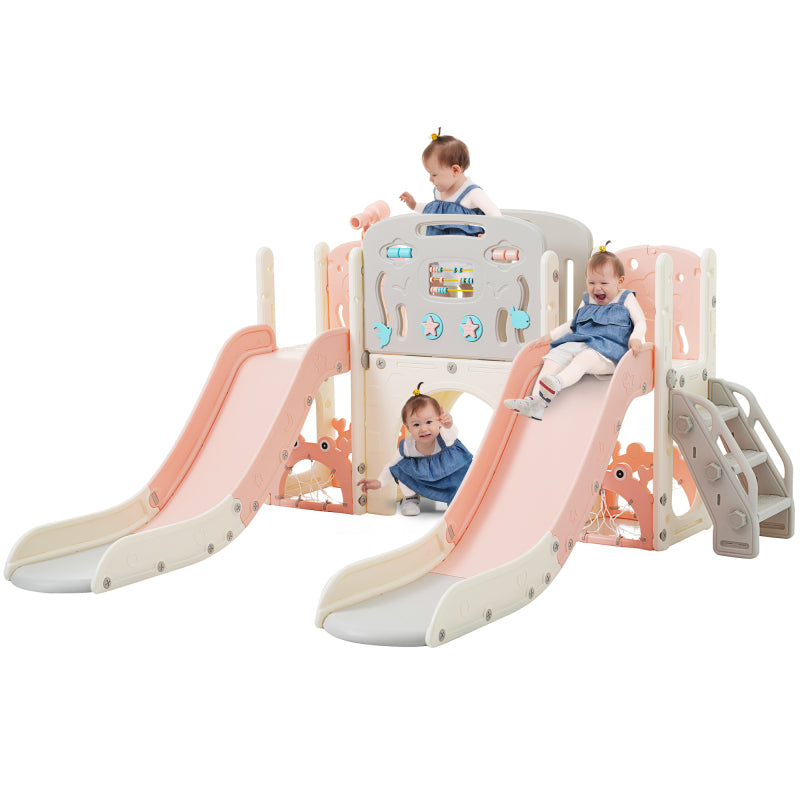 Kinderspielplatz-Set 8-in-1, Freistehendes Meerestier-Motiv-Set mit Rutsche, Bogentunnel, Basketballkorb und Teleskop, Doppelte Rutschen für Kleinkinder, Klettergerüst für Kinder