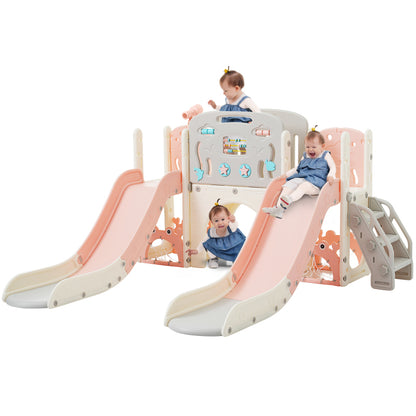 Kinderspielplatz-Set 8-in-1, Freistehendes Meerestier-Motiv-Set mit Rutsche, Bogentunnel, Basketballkorb und Teleskop, Doppelte Rutschen für Kleinkinder, Klettergerüst für Kinder