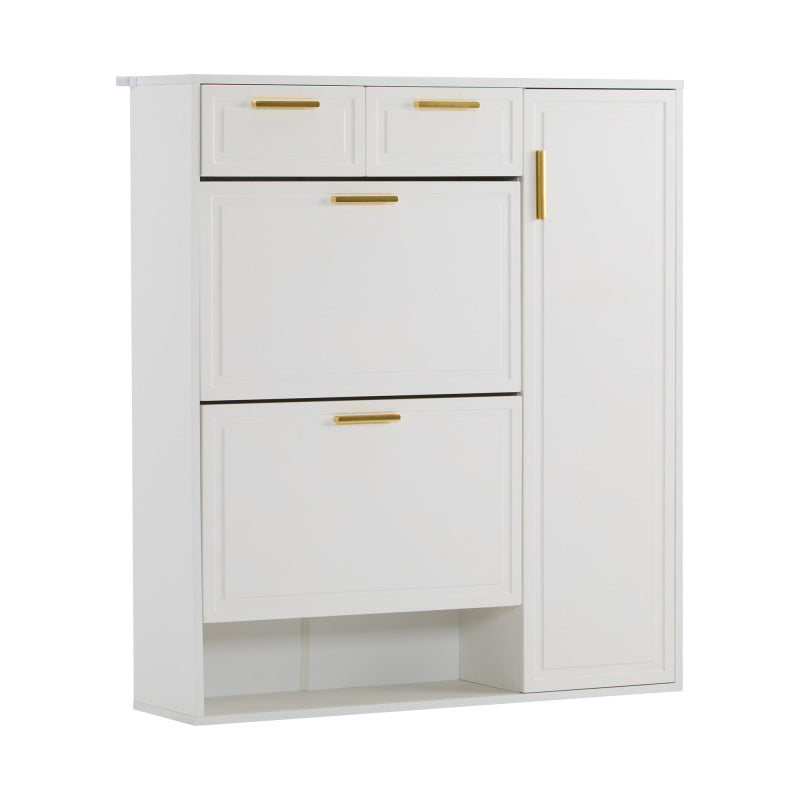 Moderne Schuhschrank, mit verstellbaren Regalen, goldenen Griffen, Schubladen, Klappschuhschrank und Türen,  weiß, B95/D24/H107.5