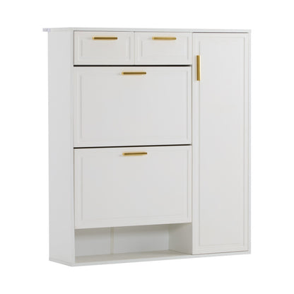 Moderne Schuhschrank, mit verstellbaren Regalen, goldenen Griffen, Schubladen, Klappschuhschrank und Türen,  weiß, B95/D24/H107.5