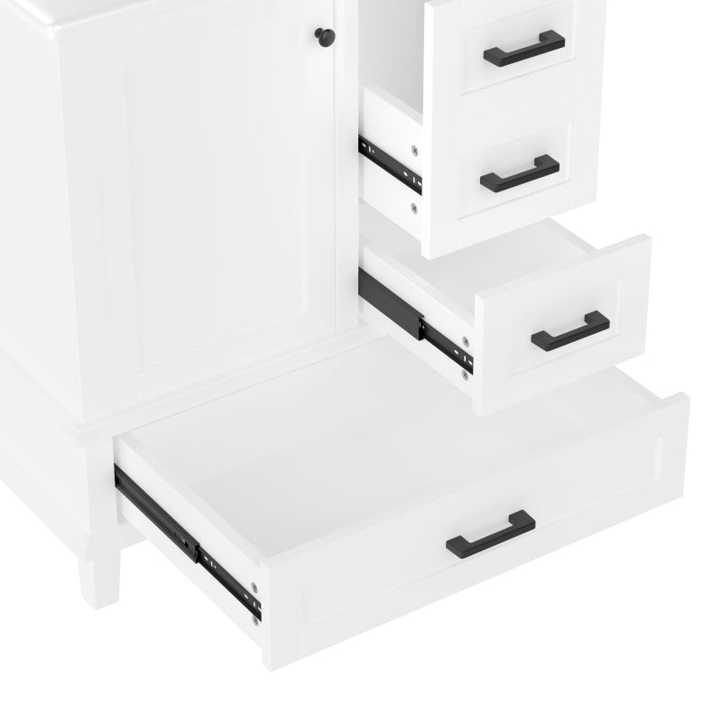 76x46x83,5cm Bodenstehender Badezimmerschrank mit Waschbecken, Waschtisch, komplett lackiert, Türregal, drei geräuschlose Schubladen, integriertes Keramikwaschbecken, weiß
