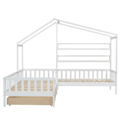 Kinderbett Hausbett mit Schubladen und Regalen, Massivholz mit Zaun und Lattenrost, L-Struktur, Weiß (90x200 cm+140x70cm)