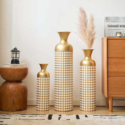 Bodenvase 3er Set Gold, Metallvase Punkte, Vintage Dekovase 83 cm, Übertöpfe groß, Standvase Gold