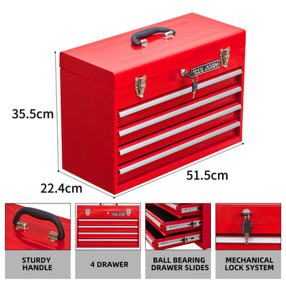 20.3inch Metal Tool Box with Drawers Portable Steel Metal Tool Box with Protective Liner and Metal Latch Closure and Lock for Garage, Home and Warehouse (Red-4 Drawers)