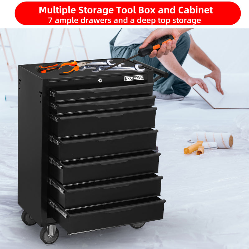 Werkzeugschrank, Werkzeugwagen, 24,2 Zoll, mit 7 Schubladen und Rädern, Werkzeugkasten aus Metall mit Rollen, Schwarz