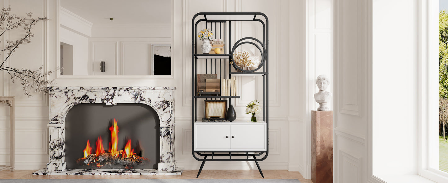 80 x 30 x 180 cm Metallregal, weißer Lagerschrank mit Doppeltür, drei Regalböden, schwarzes Metallregal, hohe Metallfüße, runde Dekoration, weiß + schwarz