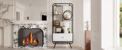 80 x 30 x 180 cm Metallregal, weißer Lagerschrank mit Doppeltür, drei Regalböden, schwarzes Metallregal, hohe Metallfüße, runde Dekoration, weiß + schwarz