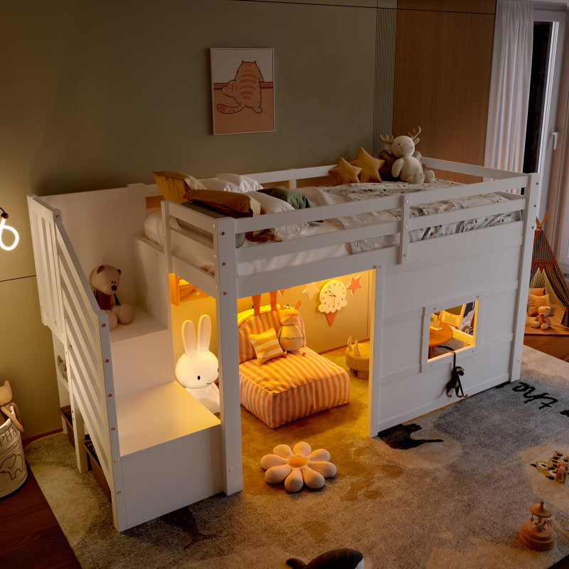 90x200 Hochbett mit Stauraumtreppe und Fenster, Weiß