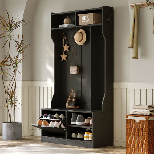 Garderobenset, Komplett-Set Flurgarderobe mit Sitzbank, 6 Haken, 1 Türen & 4 Offener Lagerraum, Schwarz