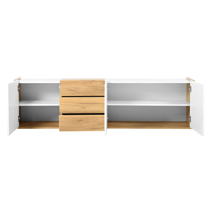 TV-Schrank, niedriges Paneel in Weiß und Holzfarben, TV-Möbel, die an die Wand gehängt oder auf den Boden gestellt werden können