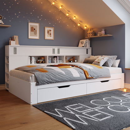 Kinderbett 140x190cm Funktionsbett mit Stauraum, Daybed inkl. 2 Schubladen, Regalen & Schrank, Stauraumbett aus MDF, Jugendbett, Weiß