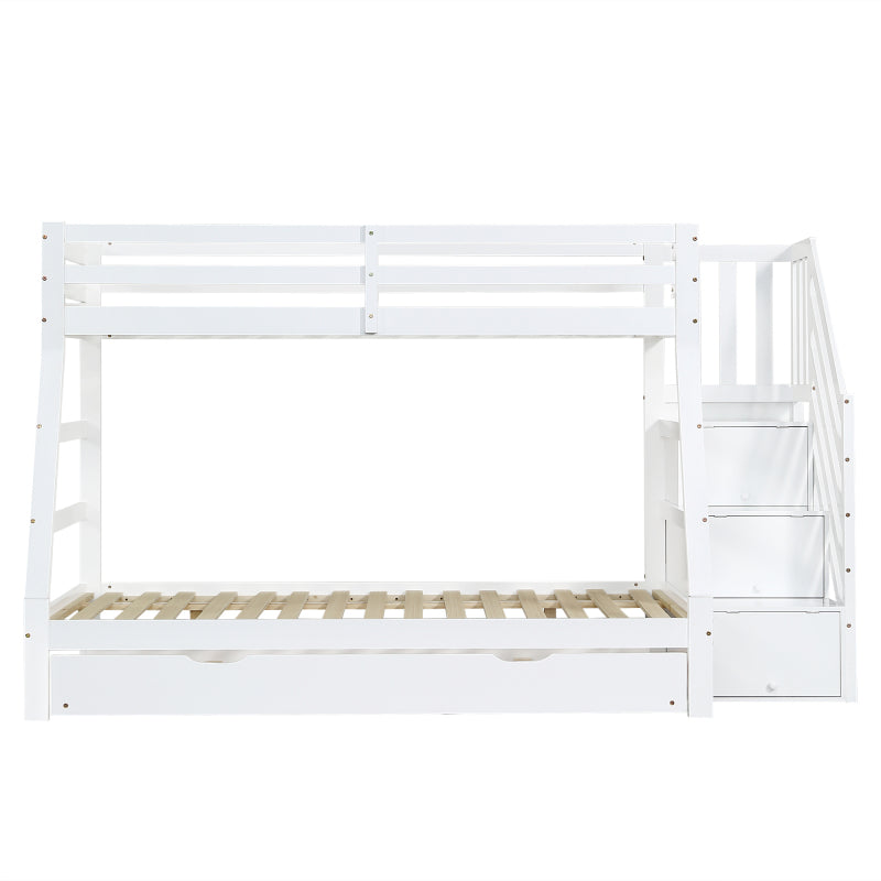 Etagenbett mit Rollbett, Kinderbett mit Leiterschrank und Handlauf, mit Fallschutzgitter an allen Seiten, Kiefer+MDF, Weiß, 90x190CM Rollbett, 90/120x200CM