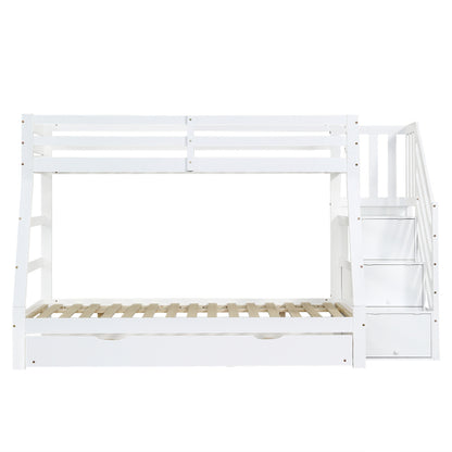 Etagenbett mit Rollbett, Kinderbett mit Leiterschrank und Handlauf, mit Fallschutzgitter an allen Seiten, Kiefer+MDF, Weiß, 90x190CM Rollbett, 90/120x200CM