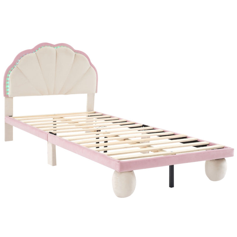 Polsterbett mit mehrfarbigen, wechselnden LED Lichtstreifen, Kopfteil mit Wellenschliff, mit gepolsterter runden Beine, Kinderbett mit Holzlatten, Einzelbett, Samt, Beige+Rosa, 90x200cm