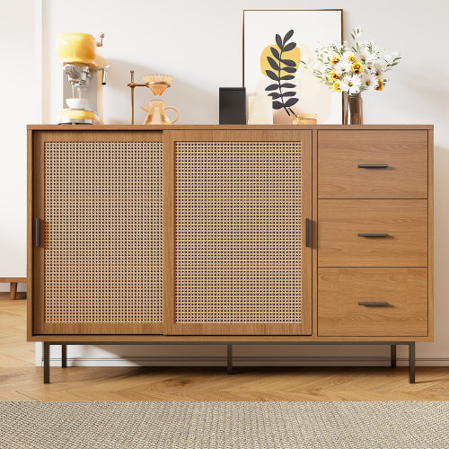Sideboard 140 cm Natur, Kommode mit Rattan-Schiebetüren