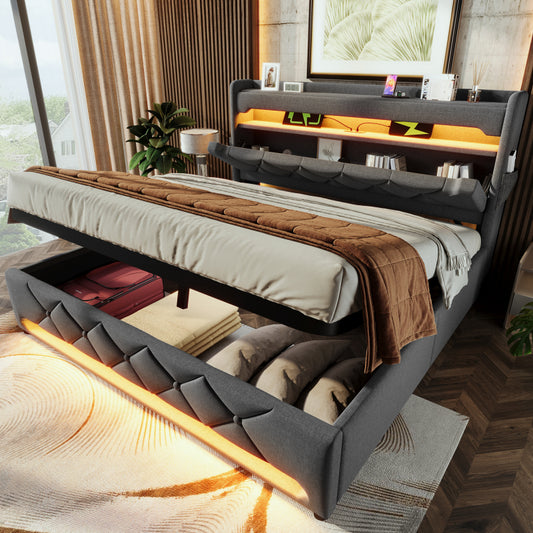 Polsterbett Doppelbett 180*200, Stauraum Kopfteil mit USB und Typ C-Port ,360-Surround-LED-Funktion rund um Kopf- und Fußende des, Betten mit Hydraulisch Stauraum, Grau , Leinen(Ohne Matratze)