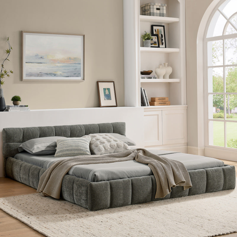 Doppelbett 140*200 cm, Bett mit seidig weichem Chenille - Bezug, quadratischem Steppdesign, Dark Gray (ohne Matratze)