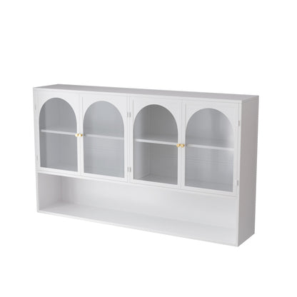 120CM Four-door Glass Wall Cabinet Storage, Wall-mounted,Suitable for Kitchen, Living Room, Bathroom (White)
