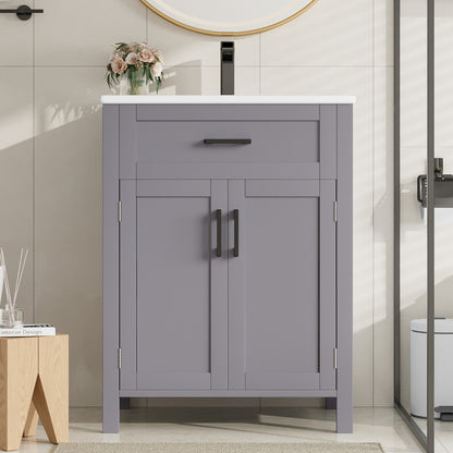 Bodenstehender Badezimmerschrank mit Waschbecken,Waschtisch,Volllackierung, integriertes Keramik Waschbecken,Grau