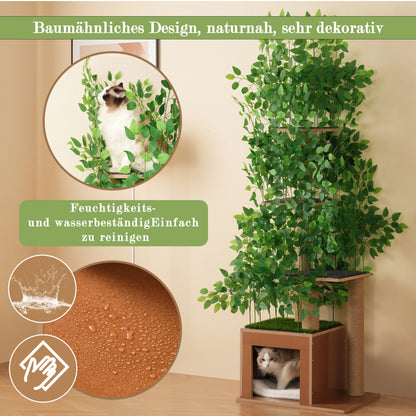 Kratzbaum in Baumform mit 4 Plattformen und Katzenlöchern – haustiersicheres Material, abnehmbare Blätter, geeignet für Katzen zum Verstecken, Klettern 190 cm