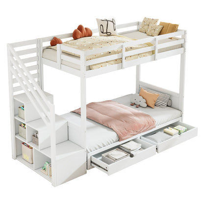 Kinder-Etagenbett, Doppelbett, multifunktionales Kinderbett,Mit Treppenschrank und 2 Schubladen, ohne Matratze, Die untere Ebene als Bett oder Sofa genutzt und enthält Kissen , weiß, 90*200