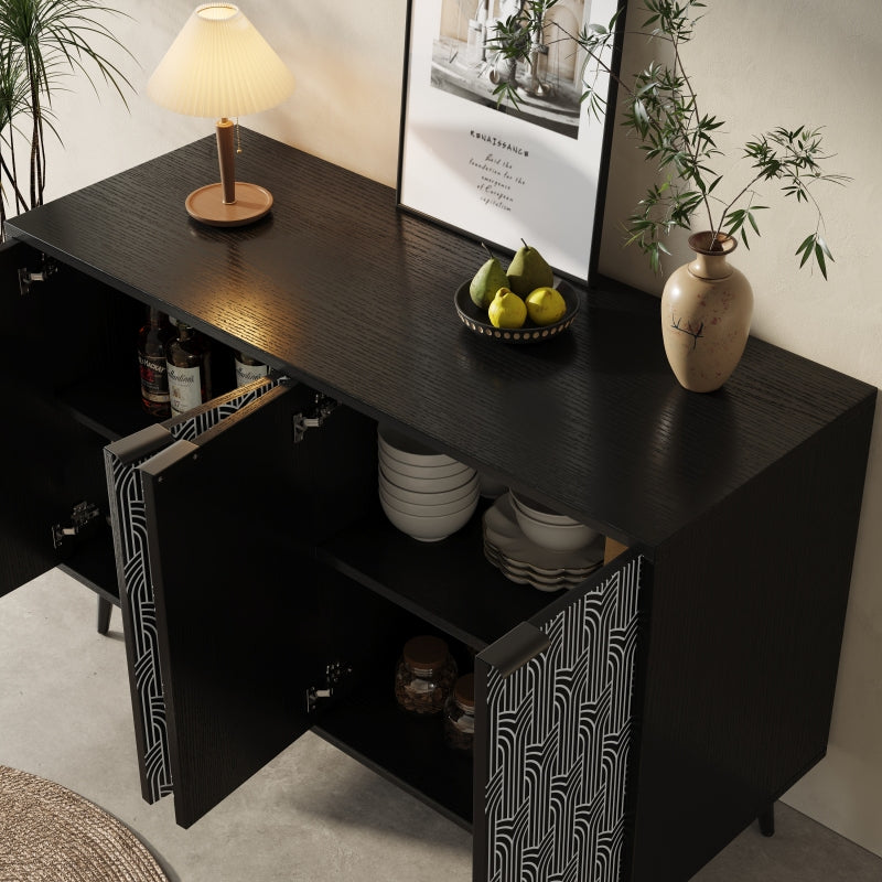 Esszimmerschrank (120×35×78cm), Esszimmer- und Wohnzimmer-Aufbewahrungsschrank, einzigartiges Schranktürdesign, freistehender Schrank, Antidumping, Fischgrätenmuster, geschnitzte Tür, schwarz