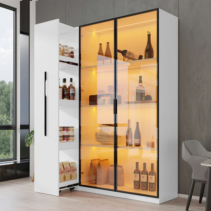 Multifunktionsschrank 110,5x35x160cm - LED-Vitrine mit bernsteinfarbenem Glas, Seitenauszug & Rollen - Weißer Hochschrank im modernen Stil