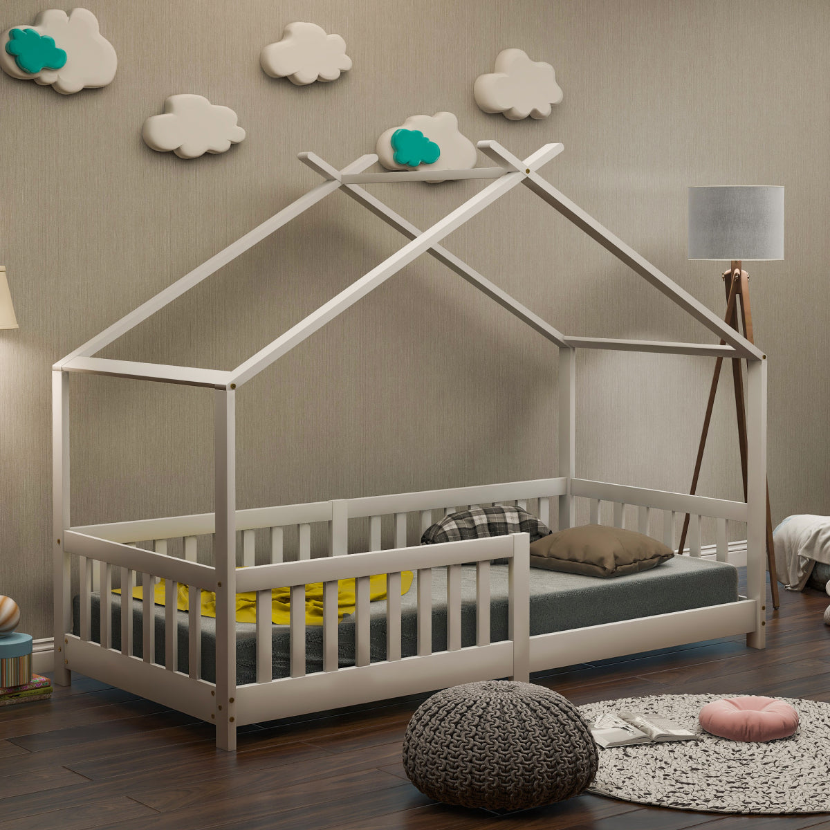 Hausbett 90x200 Weiß, Kinderbett mit Rausfallschutz & Lattenrost, Abenteuerbett Kiefer Massivholz
