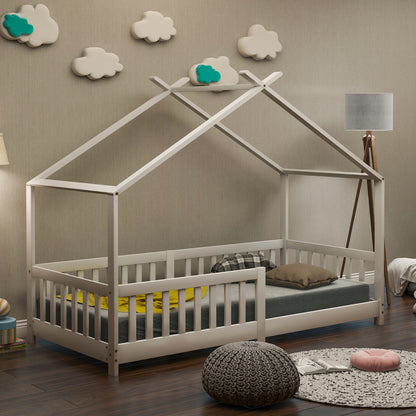 Hausbett 90x200 Weiß, Kinderbett mit Rausfallschutz & Lattenrost, Abenteuerbett Kiefer Massivholz