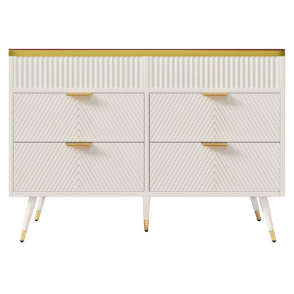 Kommode Sideboard aus Bernstein Glas, Kommode mit 6 Schubladen,Facheinteilung, kippsicher, Hochschrank für Schlafzimmer und alle Wohnräume, 120 x 40 x 76 cm, weiß