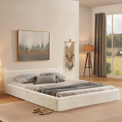 Doppelbett 160x200cm, mit Samtweichem Chenille-Bezug & Elegantem Kleinkantendesign am Kopfende, Beige (ohne Matratze)