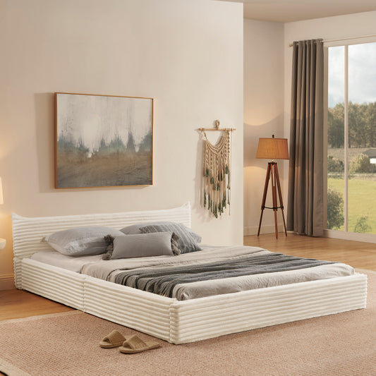 Doppelbett 160x200cm, mit Samtweichem Chenille-Bezug & Elegantem Kleinkantendesign am Kopfende, Beige (ohne Matratze)