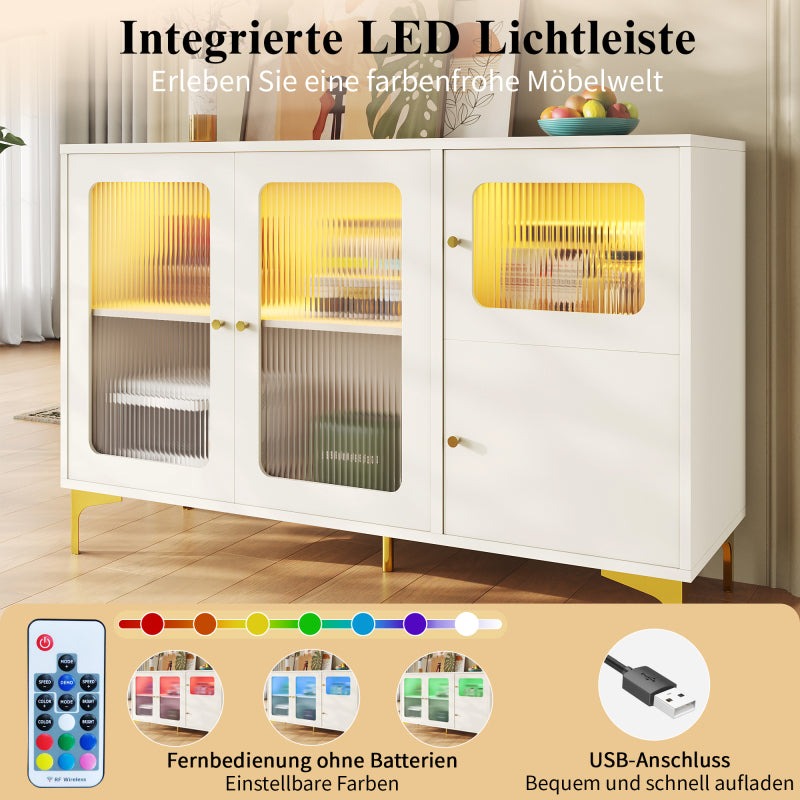 Modernes und schlichtes weißes Sideboard (140 x 40 x 90 cm), Changhong-Glastür-Design, integriertes warmes Umgebungslicht, mit dekorativen Metalldetails und viel Stauraum, geeignet für Esszimmer