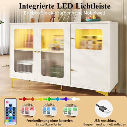 Modernes und schlichtes weißes Sideboard (140 x 40 x 90 cm), Changhong-Glastür-Design, integriertes warmes Umgebungslicht, mit dekorativen Metalldetails und viel Stauraum, geeignet für Esszimmer
