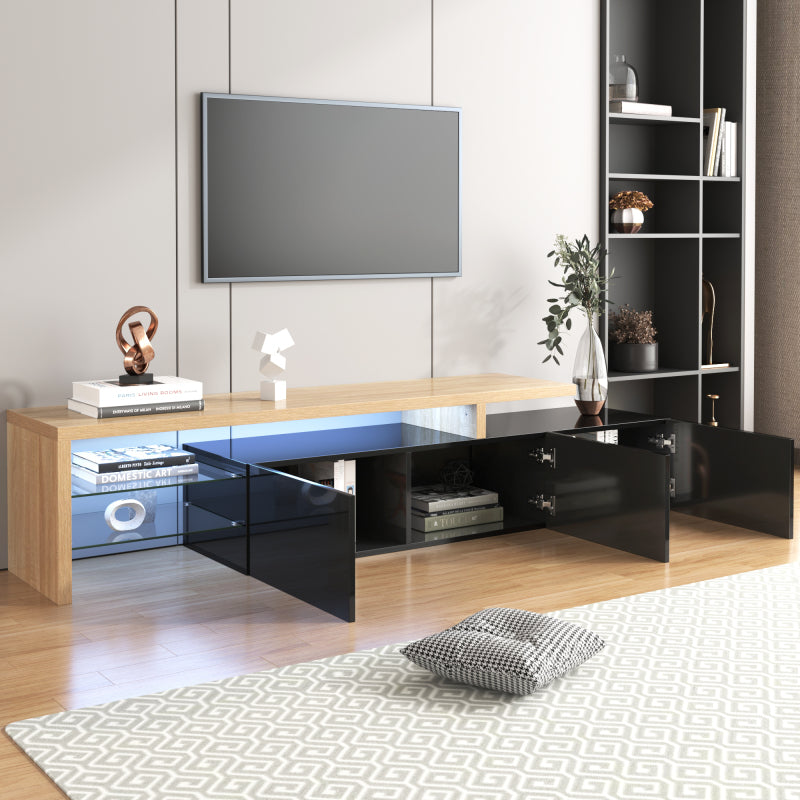 Modernes TV-Schrank-Design: Stilvolle Eleganz, praktischer Stauraum, Hochglänzendes Schwarz, Holzoptik, Glasböden, LED-Beleuchtung