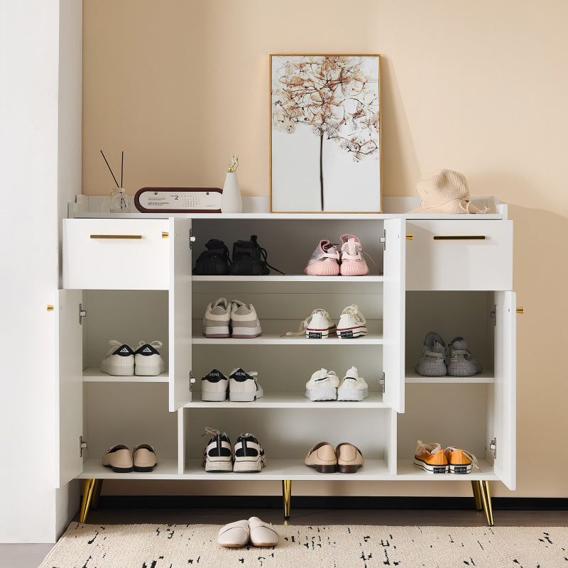 Schuhschrank, Schuhregal mit 2 Schubladen und 4 Türen, Metallfüße, weiß